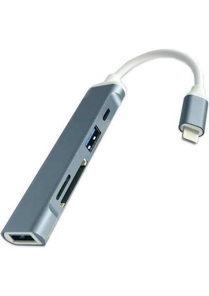 Ipad, Iphone Lightning Girişli 5in1 Çoğaltıcı Hub, 2x Usb, 1x Type C, 1x Sd, 1x Tf Okuyucu