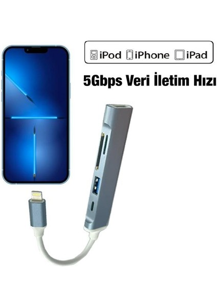 Ipad, Iphone Lightning Girişli 5in1 Çoğaltıcı Hub, 2x Usb, 1x Type C, 1x Sd, 1x Tf Okuyucu