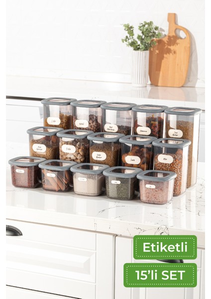 Etiketli Foly Kare Erzak Saklama Kabı 15'li Set 5x(0,55 Litre, 1,2 Litre, 1,75 Litre) Antrasit