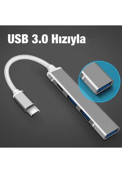 4in1 10W 4 USB Girişli Type C Çevirici Adaptör, 5 Gbps Hız USB 3.0 Tak Çalıştır Adaptör Hub