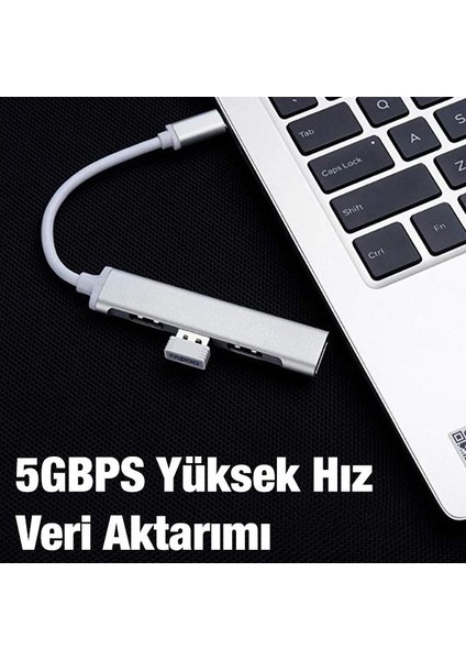 4in1 10W 4 USB Girişli Type C Çevirici Adaptör, 5 Gbps Hız USB 3.0 Tak Çalıştır Adaptör Hub