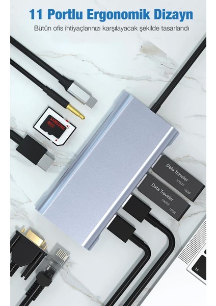 100W Multifonksiyonel 11IN1 Type-C Dönüştürücü, 3x Usb, 1x Pd Type C, 1x RJ45, 1x Hdmi,1x VGA