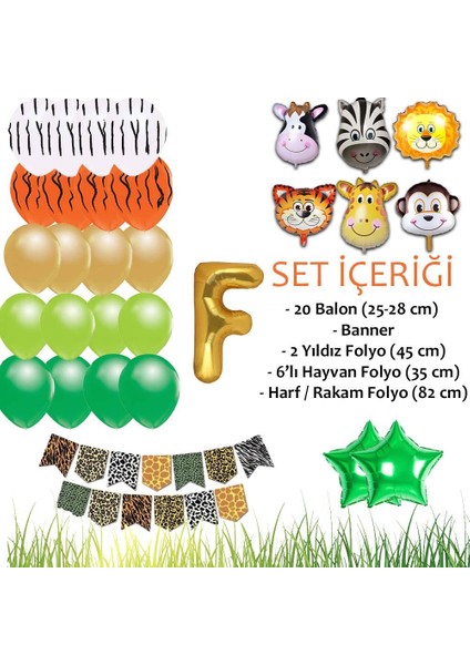 Patladı Gitti Safari Konsepti F Harfli Doğum Günü Parti Kutlama Seti; Harf ve Yıldız Folyo, Banner ve Balon Zinciri