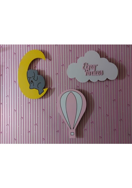 Çocuk Odası Dekoratif Aydınlatma 1 Balon 1 Fil 1 Ismli Balon Ahşap Dekorasyon