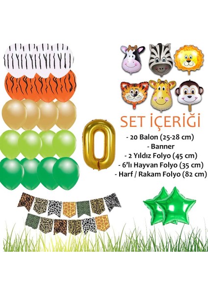 Safari Konsepti 0 Yaş Doğum Günü Parti Kutlama Seti; Rakam ve Yıldız Folyo, Banner ve Balon Zinciri