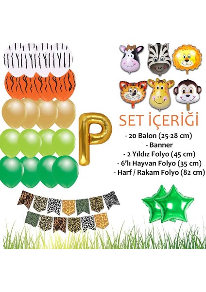 Safari Konsepti P Harfli Doğum Günü Parti Kutlama Seti; Harf ve Yıldız Folyo, Banner ve Balon Zinciri