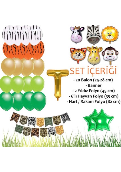 Safari Konsepti T Harfli Doğum Günü Parti Kutlama Seti; Harf ve Yıldız Folyo, Banner ve Balon Zinciri