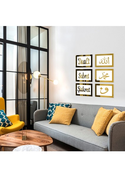 Wooden Factory Sabret Şükret Dua Et Allah Muhammed Vav 6'lı Set Beyaz Zemin Gold (16X24 Cm) İD1320SA9050