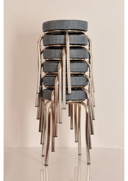 6 Adet Mavi Renkli Kumaş Nikelajlı Demir Tabure Mutfak Taburesi6