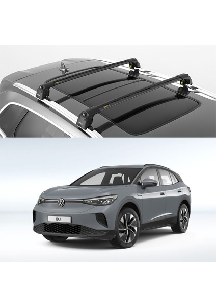 Turtle Air-2 Black Kit, Volkswagen Id.4 Tavan Taşıyıcı Port Bagaj, Bisiklet ve Kayak Taşıyıcı Ara Atkı Seti, Siyah Cross Bar