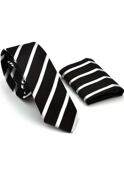 Beyaz Verev Çizgili Siyah Dokuma Kumaş Mendilli Slim Fit Kravat / SDK-220701