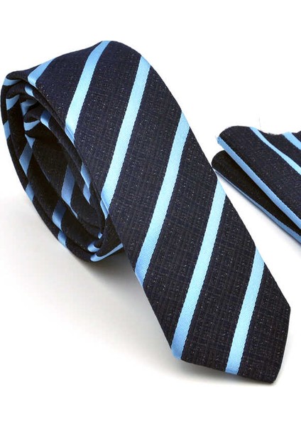 Mavi Verev Çizgili Lacivert Dokuma Kumaş Mendilli Slim Fit Kravat / SDK-220702