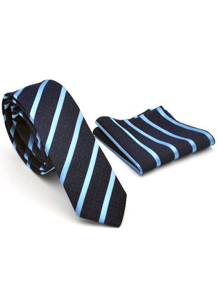 Mavi Verev Çizgili Lacivert Dokuma Kumaş Mendilli Slim Fit Kravat / SDK-220702