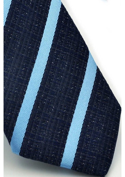Mavi Verev Çizgili Lacivert Dokuma Kumaş Mendilli Slim Fit Kravat / SDK-220702