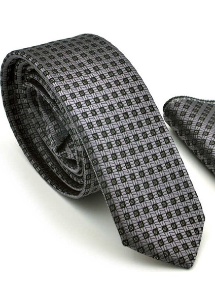 Siyah Pöti Kareli Füme Dokuma Kumaş Mendilli Slim Fit Kravat / SDK-220703