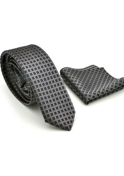 Siyah Pöti Kareli Füme Dokuma Kumaş Mendilli Slim Fit Kravat / SDK-220703