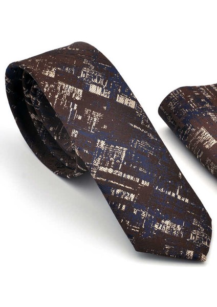 Bej Lacivert Motif Desenli Kahverengi Dokuma Kumaş Mendilli Slim Fit Kravat / SDK-220710
