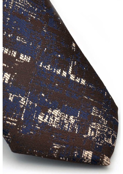 Bej Lacivert Motif Desenli Kahverengi Dokuma Kumaş Mendilli Slim Fit Kravat / SDK-220710