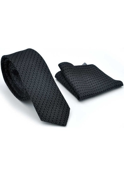 Beyaz Noktalı Verev Çizgili Siyah Dokuma Kumaş Mendilli Slim Fit Kravat / SDK-220712 fiyatları