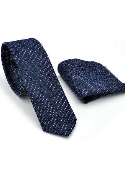 Beyaz Noktalı Verev Çizgili Lacivert Dokuma Kumaş Mendilli Slim Fit Kravat / SDK-220713 fiyatları