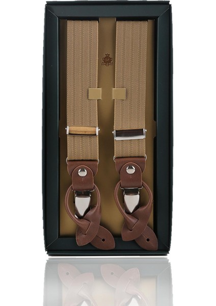 Deri Bağlantılı Düğme Delikli Jakarlı Bej Pantolon Askısı PAN107