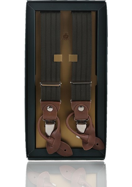 Deri Bağlantılı Düğme Delikli Jakarlı Yeşil Pantolon Askısı PAN109