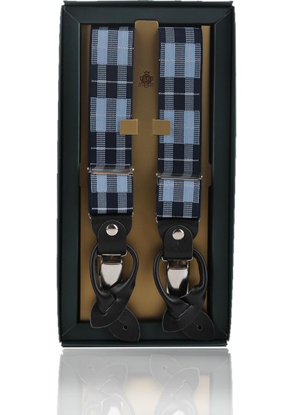 Deri Bağlantılı Düğme Delikli Jakarlı Mavi Pantolon Askısı PAN112