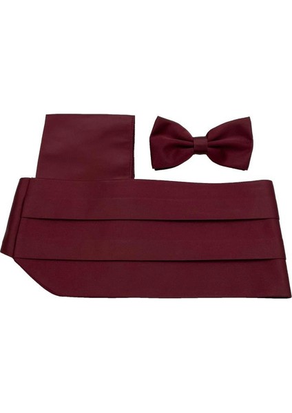 Koyu Bordo Kuşak Papyon Mendil Set