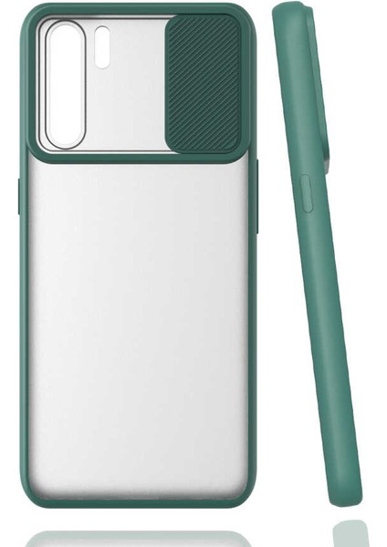 Oppo Reno 3 Kılıf Lens Sürgülü Kamera Korumalı Silikon - Koyu Yeşil
