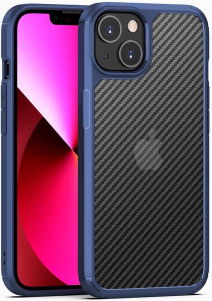 Apple iPhone 13 Mini Kılıf Şeffaf Karbon Dokulu Inoks Silikon - Mavi