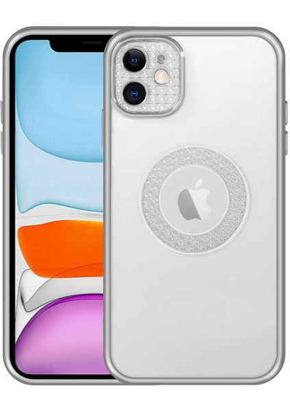 Apple iPhone 12 Kılıf Parlak Renk Kenar Kamera Korumalı Logo Gösteren Esta Kapak Gümüş