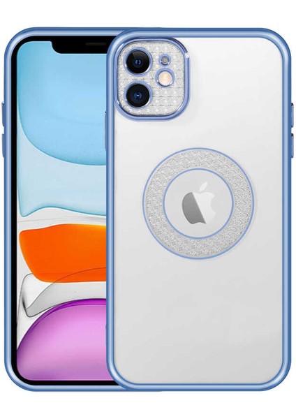 Apple iPhone 12 Kılıf Parlak Renk Kenar Kamera Korumalı Logo Gösteren Esta Kapak Mavi