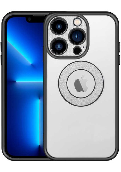 Apple iPhone 13 Pro Max Kılıf Parlak Renk Kenar Kamera Korumalı Logo Gösteren Esta Kapak Siyah