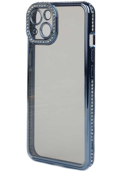 Apple iPhone 13 Kılıf Kamera Korumalı Taşlı Mina Kapak Mavi