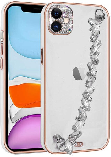 Apple iPhone 11 Kılıf Taş Süslemeli Kamera Korumalı El Tutamaçlı Blazer Kapak Beyaz