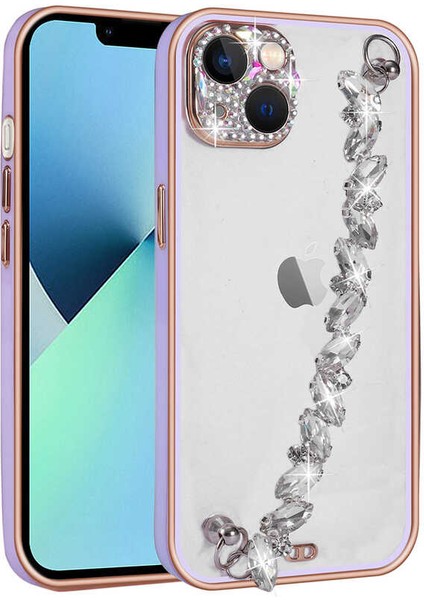 Apple iPhone 13 Kılıf Taş Süslemeli Kamera Korumalı El Tutamaçlı Blazer Kapak Lila