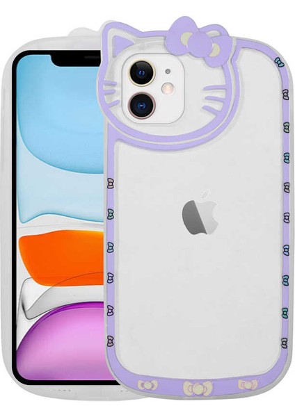 Apple iPhone 11 Kılıf Kedi Figürlü Transparan Sert Silikon Kity Kapak Lila