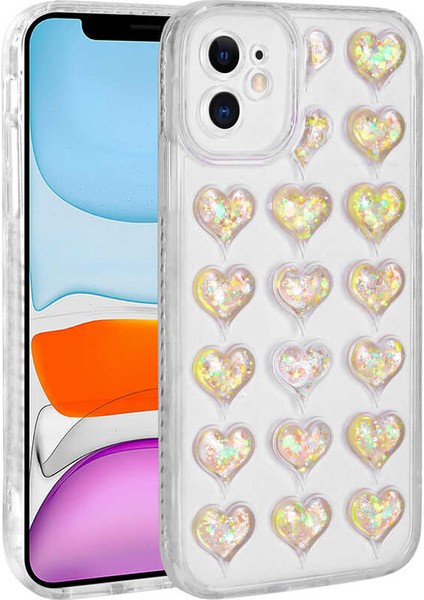 Apple iPhone 11 Kılıf Kamera Korumalı Renkli Kalp Desenli Transparan Kalp Kapak Sarı