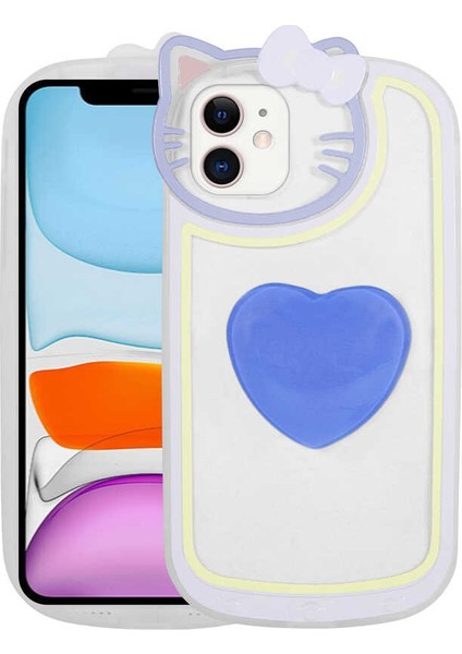 Apple iPhone 11 Kılıf Kedi Figürlü Transparan Pop Soketli Kalp Ritmik Kapak Mavi