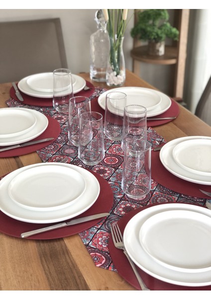 Amerikan Servis Bordo Seramik Desen Takım 6 Supla ve Runner Örtü 1