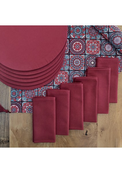 Amerikan Servis Bordo Seramik Desen Takım 6 Supla, 6 Kumaş Peçete ve Runner Örtü 2