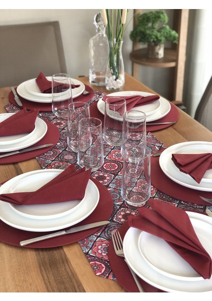Amerikan Servis Bordo Seramik Desen Takım 6 Supla, 6 Kumaş Peçete ve Runner Örtü 2
