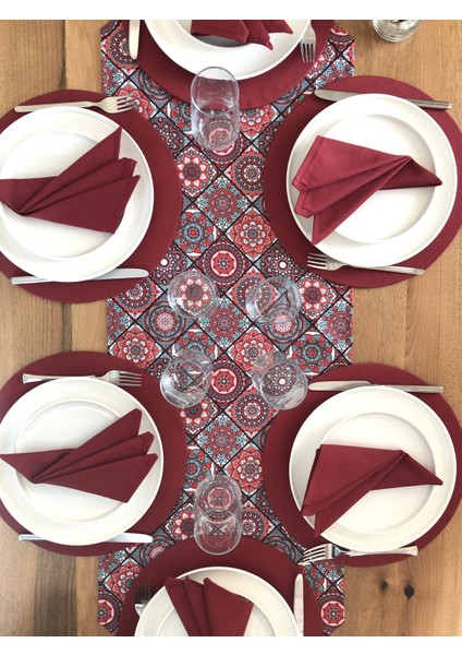 Amerikan Servis Bordo Seramik Desen Takım 6 Supla, 6 Kumaş Peçete ve Runner Örtü 2