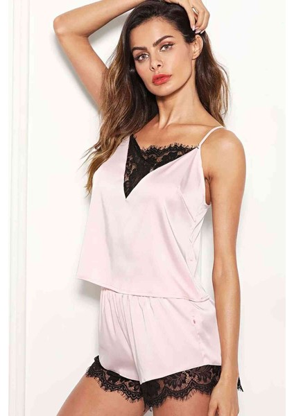 Dantel Işlemeli Saten Şortlu Pijama Takım Pembe