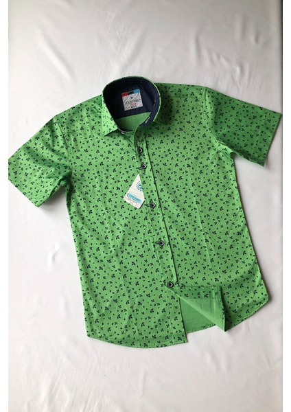 Siyah Küçük Çiçek Detaylı Kısa Kol Çocuk Gömleği