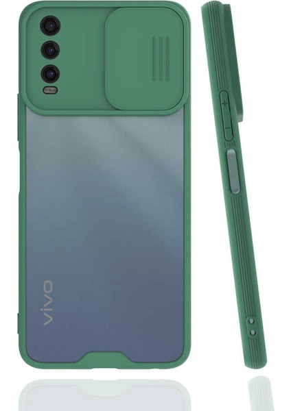 Vivo Y20S Kılıf Lens Sürgülü Kamera Korumalı Silikon - Koyu Yeşil