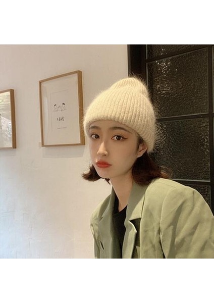 Sonbahar Kış Kadın Tavşan Kürk Mektup Kasketleri Şapka Lady Kızlar Açık Moda Düz Renk Örme Şapka Sıcak Yumuşak Bonnet Skullies | Kadın Skullies kasket modelleri