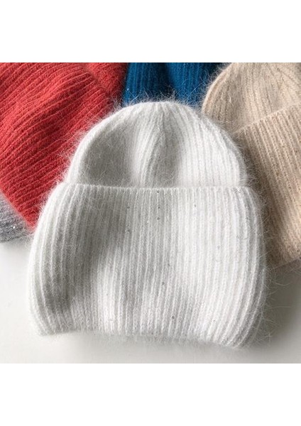 Sonbahar Kış Kadın Tavşan Kürk Mektup Kasketleri Şapka Lady Kızlar Açık Moda Düz Renk Örme Şapka Sıcak Yumuşak Bonnet Skullies | Kadın Skullies kasket fırsatları