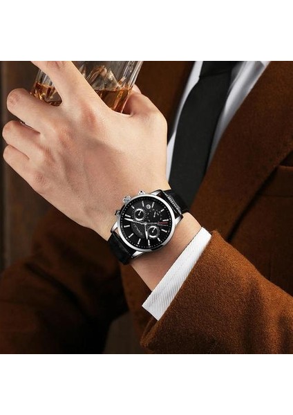 Saatler Erkek 2021 Crrju Rahat Deri Kuvars Erkek Izle Üst Marka Lüks Iş Saati Erkek Spor Su Geçirmez Tarih Chronograph | Kuvars Saatler (Black1)