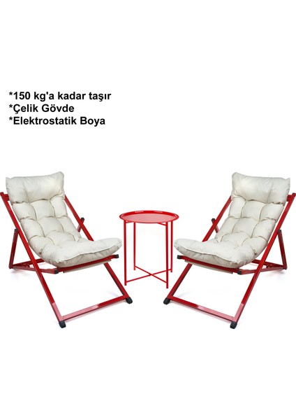 Minderli - Cora Şezlong Seti Bahçe&balkon&teras&plaj Katlanır Ikili Set - 2 Şezlong 1 Sehpa
